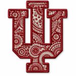 IU paisley embroidered patch with red and white bandana pattern and red stitched border