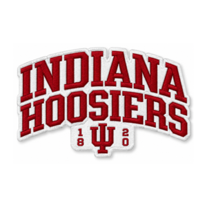 Indiana Hoosiers embroidered patch with red lettering, white background, IU monogram and 1820 detail