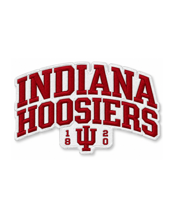 Indiana Hoosiers embroidered patch with red lettering, white background, IU monogram and 1820 detail