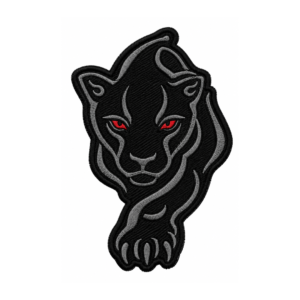 Black panther embroidered patch with red eyes and silver details for jackets and hoodies