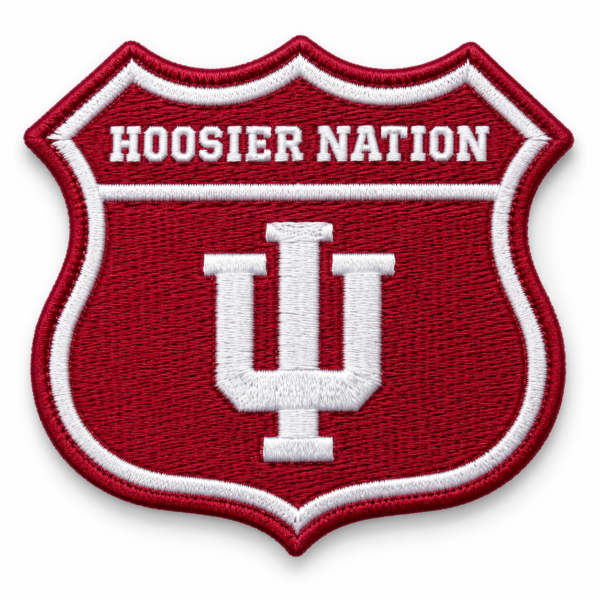 Hoosier Nation embroidered patch with red shield background, white IU monogram and white stitched lettering