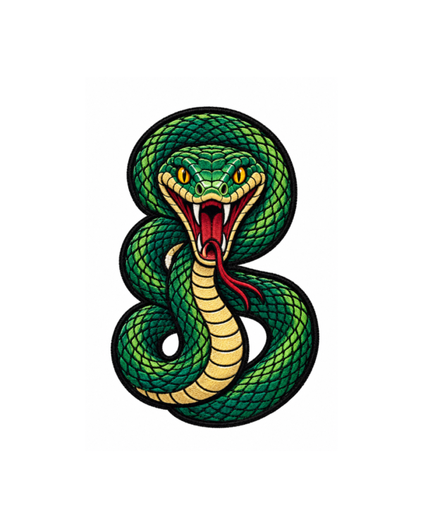 Green cobra snake embroidered patch with detailed scales, fangs, and gothic design for jackets