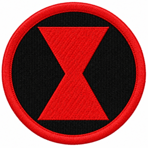 Red hourglass symbol embroidered patch with black background and red border for jackets