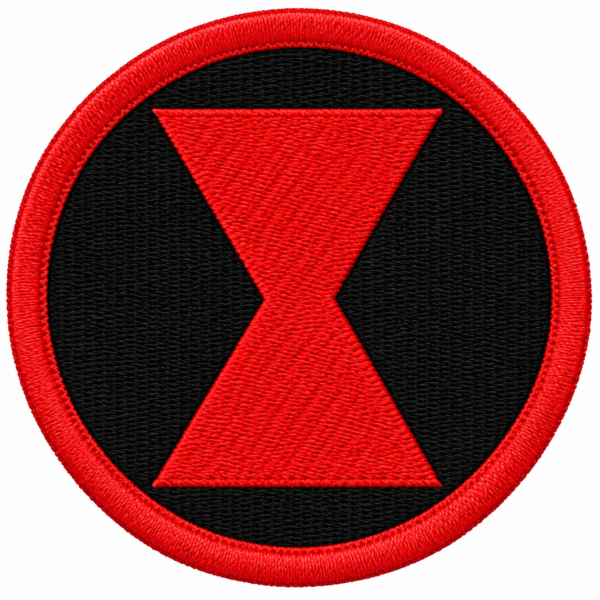 Red hourglass symbol embroidered patch with black background and red border for jackets