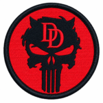 Black skull embroidered patch with red background and gothic design for biker jackets