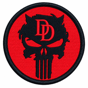 Black skull embroidered patch with red background and gothic design for biker jackets