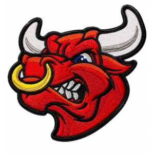 Red bull head embroidered patch with white horns and black outline for biker jackets