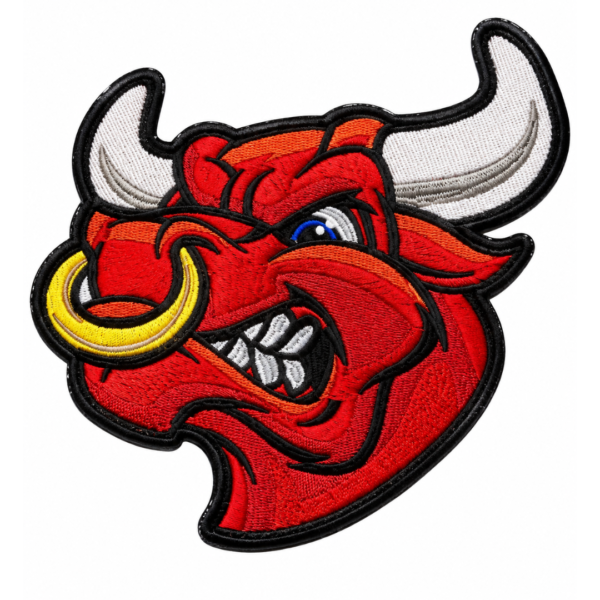 Red bull head embroidered patch with white horns and black outline for biker jackets