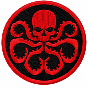 Red octopus skull embroidered patch with gothic tentacle design on black background