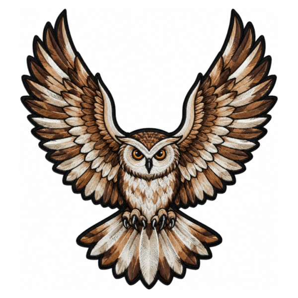 Flying owl embroidered patch with detailed brown and white feathers for jackets and apparel