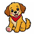 Cute golden puppy embroidered patch with red bandana and detailed fur design
