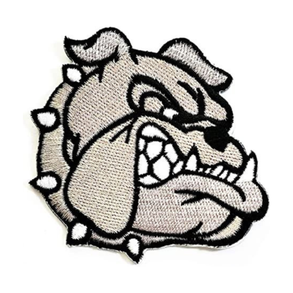 Black and white bulldog embroidered patch with fierce dog face design for jackets and apparel