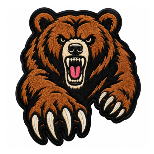 Fierce roaring brown bear embroidered patch with black details and claws for jackets