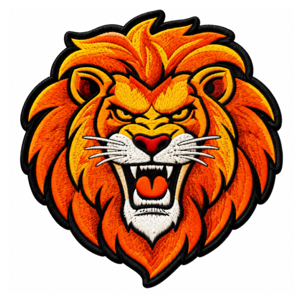 Fierce orange roaring lion head embroidered patch with detailed mane design