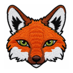 Orange fox head embroidered patch with green eyes, white fur details, and black outline