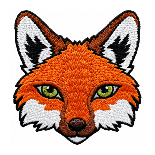 Orange fox head embroidered patch with green eyes, white fur details, and black outline
