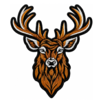 Brown and black stag deer head embroidered patch with large antlers, white highlights, and black stitched border