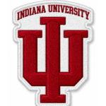 Indiana University embroidered patch with red IU monogram, white background and custom stitched border