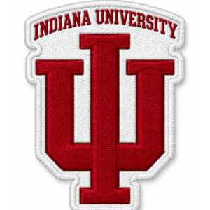 Indiana University embroidered patch with red IU monogram, white background and custom stitched border