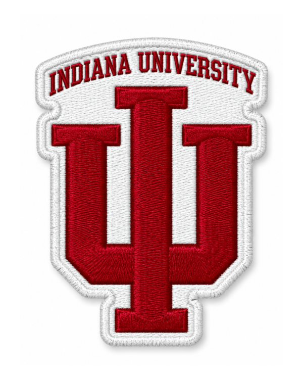 Indiana University embroidered patch with red IU monogram, white background and custom stitched border