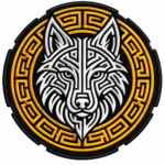 Round tribal wolf head embroidered patch with black and white geometric wolf design, gold decorative border, and black stitched edge