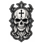 Black and white gothic skull embroidered patch with cross on forehead, detailed teeth, ornamental scrollwork, and black stitched border