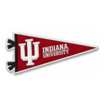Indiana University pennant embroidered patch with red background, white IU monogram, white lettering and black details