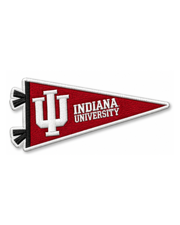 Indiana University pennant embroidered patch with red background, white IU monogram, white lettering and black details