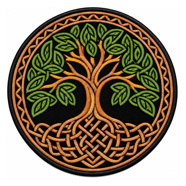 Round Celtic Tree of Life embroidered patch with green leaves, brown branches, intricate knotwork roots, black background, and black border