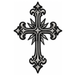 Black and silver gothic cross embroidered patch with ornate pointed design, decorative edges, and detailed stitched texture