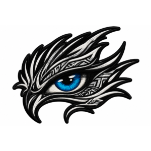 Blue eye embroidered patch with black and white feather design, gothic details, and raised stitched texture on white background