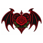 Red and black gothic bat wing embroidered patch with rose flower, green leaves, heart design, and detailed stitched texture