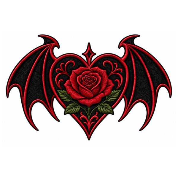 Red and black gothic bat wing embroidered patch with rose flower, green leaves, heart design, and detailed stitched texture