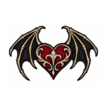 Black bat wing embroidered patch with red heart center, cream bone details, and gothic fantasy design on white background