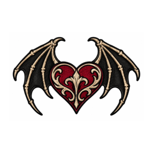 Black bat wing embroidered patch with red heart center, cream bone details, and gothic fantasy design on white background