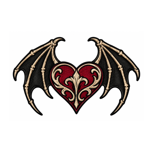 Black bat wing embroidered patch with red heart center, cream bone details, and gothic fantasy design on white background