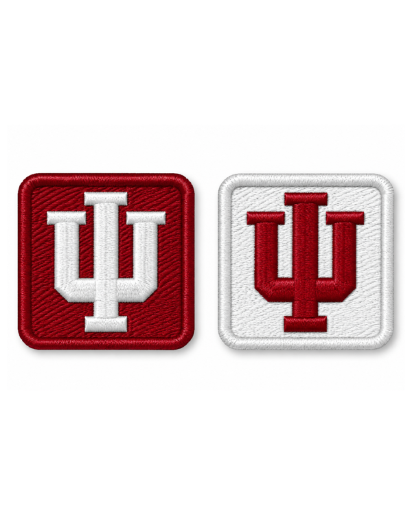 Two IU square embroidered patches in red and white with contrasting monograms and rounded stitched borders
