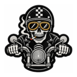 Black and white biker skull motorcycle embroidered patch with helmet, sunglasses, cigar, leather jacket, and motorcycle handlebars