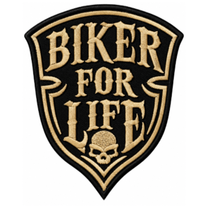 Black and gold Biker For Life embroidered shield patch with gothic lettering, skull detail, and motorcycle style design