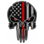 Black white and red American flag skull embroidered patch with stars, stripes, and detailed biker style design