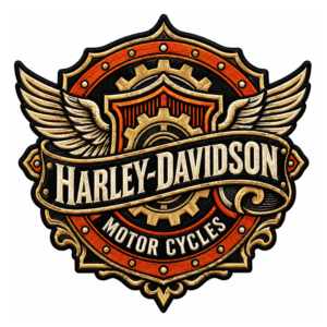 Black orange and gold winged motorcycle embroidered patch with vintage badge design for biker jackets and vests