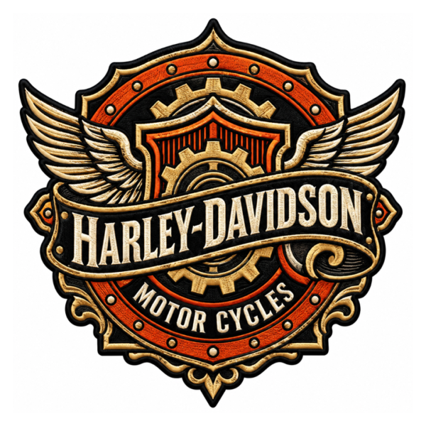 Black orange and gold winged motorcycle embroidered patch with vintage badge design for biker jackets and vests