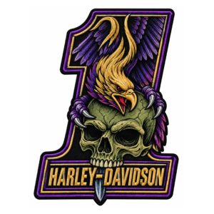 Purple winged eagle skull embroidered patch with gold details and motorcycle style design for biker jackets and vests