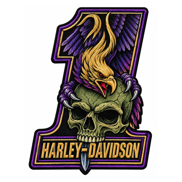 Purple winged eagle skull embroidered patch with gold details and motorcycle style design for biker jackets and vests