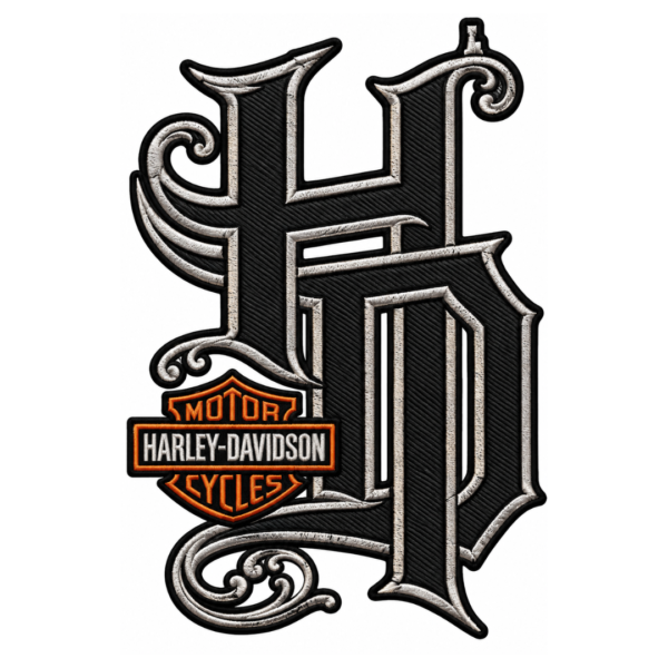 Black and white Harley Davidson embroidered patch with vintage motorcycle style design for jackets and vests