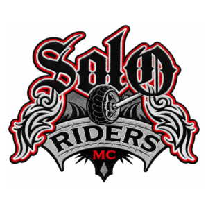 Black red and silver skull riders MC embroidered patch with motorcycle wheel and wing design for biker jackets