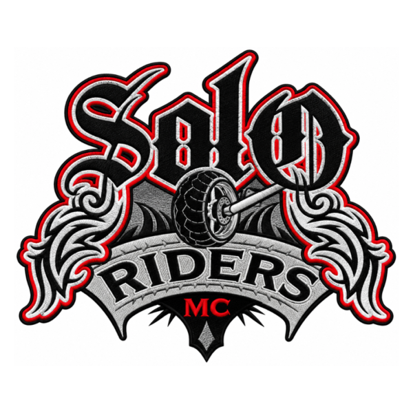 Black red and silver skull riders MC embroidered patch with motorcycle wheel and wing design for biker jackets