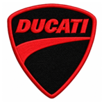 Red and black motorcycle racing embroidered patch with shield badge design for biker jackets and vests