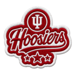 Hoosiers embroidered patch with red script lettering, IU-style monogram, three stars and white stitched border