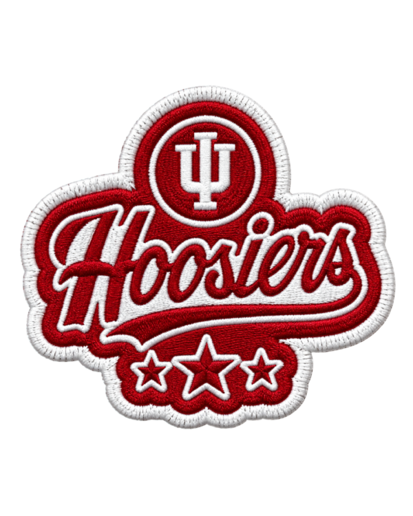 Hoosiers embroidered patch with red script lettering, IU-style monogram, three stars and white stitched border